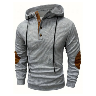 Men's Button-Placket Hooded Sweatshirt in light grey, Casual Henley Style
