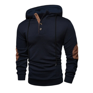 Men's Button-Placket Hooded Sweatshirt in navy, Casual Henley Style