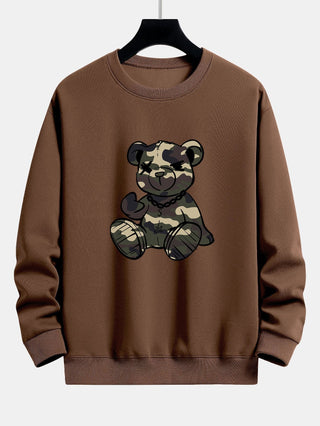 Men's Camouflage Teddy Bear Graphic Sweatshirt in brown, Relaxed Fit Crew Neck