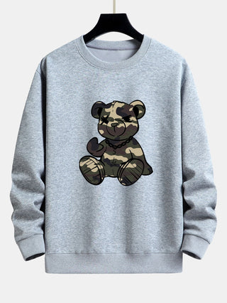 Men's Camouflage Teddy Bear Graphic Sweatshirt in grey, Relaxed Fit Crew Neck