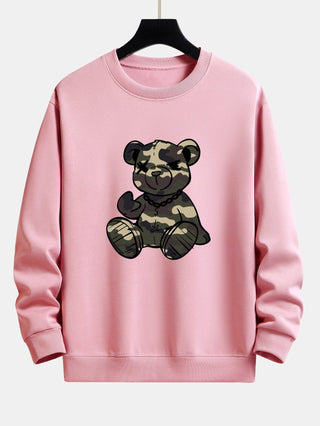 Men's Camouflage Teddy Bear Graphic Sweatshirt in light pink, Relaxed Fit Crew Neck