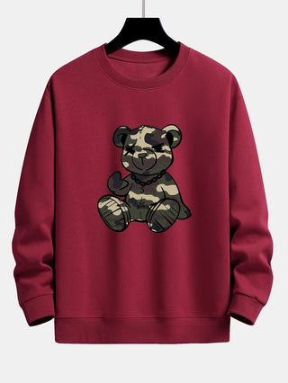 Men's Camouflage Teddy Bear Graphic Sweatshirt in wine red, Relaxed Fit Crew Neck
