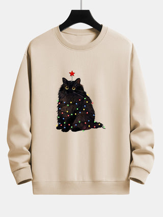 Men's Christmas Cat Sweatshirt – Relaxed Fit Holiday Graphic Pullover - Beige