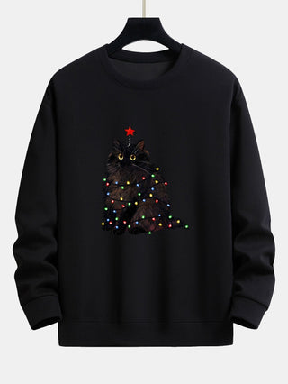 Men's Christmas Cat Sweatshirt – Relaxed Fit Holiday Graphic Pullover - Black