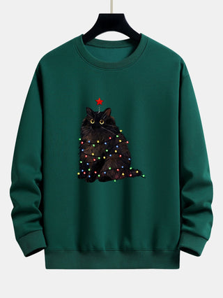 Men's Christmas Cat Sweatshirt – Relaxed Fit Holiday Graphic Pullover - Dark Green