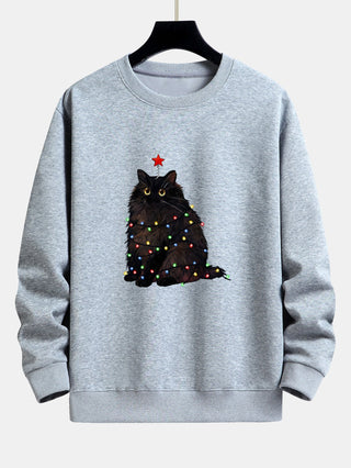 Men's Christmas Cat Sweatshirt – Relaxed Fit Holiday Graphic Pullover - Grey