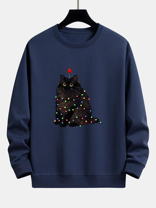 Men's Christmas Cat Sweatshirt – Relaxed Fit Holiday Graphic Pullover - Navy