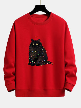 Men's Christmas Cat Sweatshirt – Relaxed Fit Holiday Graphic Pullover - Red