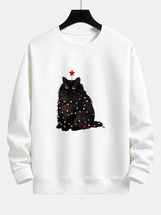 Men's Christmas Cat Sweatshirt – Relaxed Fit Holiday Graphic Pullover - White