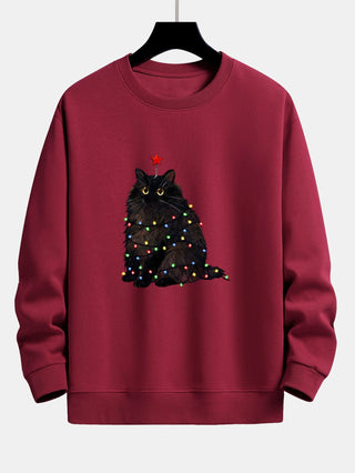 Men's Christmas Cat Sweatshirt – Relaxed Fit Holiday Graphic Pullover - Wine Red