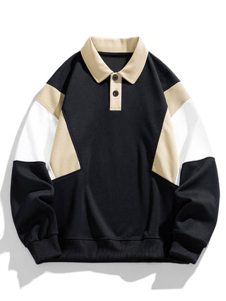 Men's Color Block Polo Sweatshirt – Relaxed Fit Long Sleeve - Black
