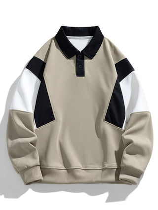 Men's Color Block Polo Sweatshirt – Relaxed Fit Long Sleeve - Taupe