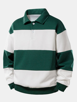 Men's Color Block Polo Sweatshirt – Relaxed Fit Striped Pullover - Green