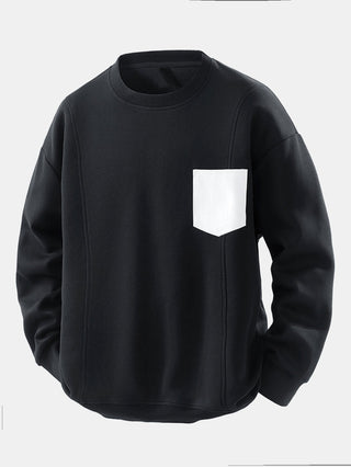 Men's Contrast Chest Pocket Crew Neck Sweatshirt – Relaxed Fit - Black