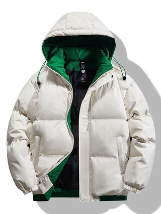 Men's Contrast Hooded Puffer Jacket in beige, Winter Padded Outerwear