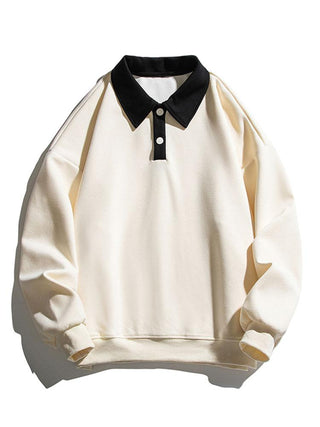 Men's Contrast Polo Collar Sweatshirt – Relaxed Fit Pullover - Beige