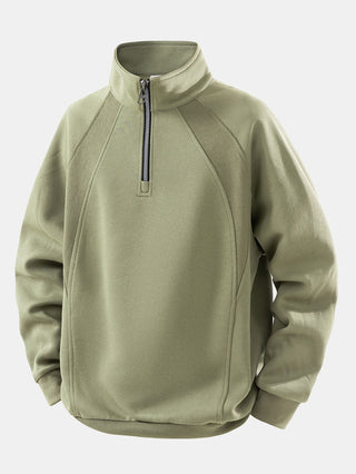 Men's Cotton Blend Quarter Zip Sweatshirt – Relaxed Fit Stand Collar - Olive Green
