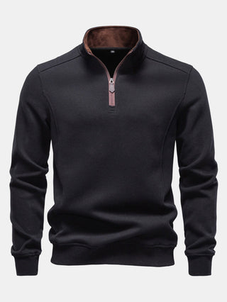 Men's Cotton Blend Quarter Zip Sweatshirt – Stand Collar Regular Fit - Black