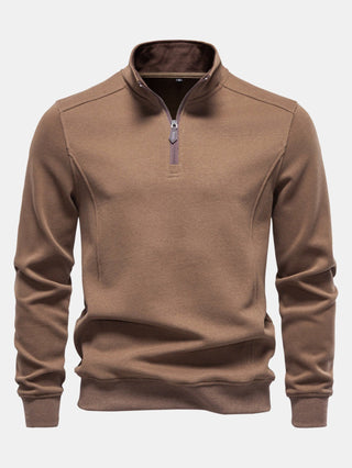 Men's Cotton Blend Quarter Zip Sweatshirt – Stand Collar Regular Fit - Brown