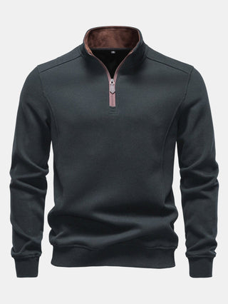 Men's Cotton Blend Quarter Zip Sweatshirt – Stand Collar Regular Fit - Dark Grey