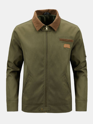 Men's Cotton Zip-Up Jacket with Corduroy Collar – Regular Fit - Olive Green