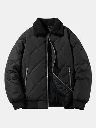 Men's Diamond Quilted Winter Jacket – Teddy Fleece Collar Bomber - Black