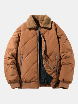 Men's Diamond Quilted Winter Jacket – Teddy Fleece Collar Bomber - Brown