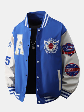 Men's Embroidered Varsity Bomber Jacket in blue, Relaxed Fit