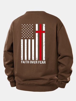 Men's Faith Over Fear Slogan Print Sweatshirt – Relaxed Fit Crew Neck - Brown