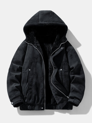 Men's Faux Suede Hooded Winter Jacket – Relaxed Fit - Black