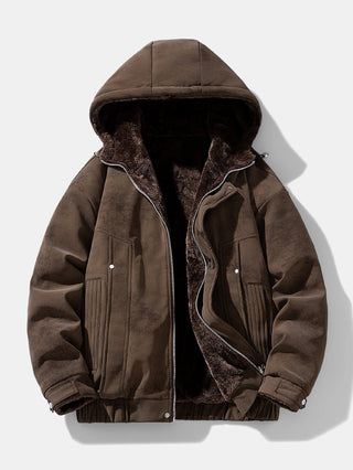 Men's Faux Suede Hooded Winter Jacket – Relaxed Fit - Dark Brown