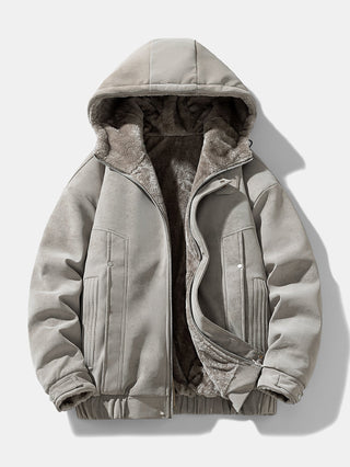 Men's Faux Suede Hooded Winter Jacket – Relaxed Fit - Grey