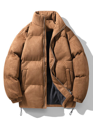 Men's Faux Suede Puffer Jacket – Padded Winter Outerwear - Brown