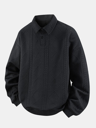 Men's Geometric Jacquard Polo Sweatshirt – Relaxed Fit Diamond Pattern - Black
