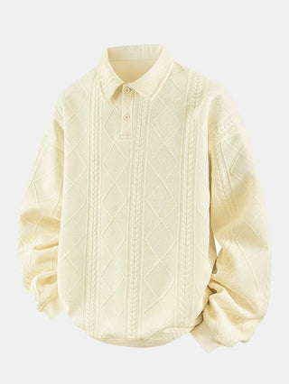 Men's Geometric Jacquard Polo Sweatshirt – Relaxed Fit Diamond Pattern - Cream