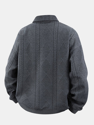 Men's Geometric Jacquard Polo Sweatshirt – Relaxed Fit Diamond Pattern