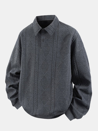 Men's Geometric Jacquard Polo Sweatshirt – Relaxed Fit Diamond Pattern - Grey