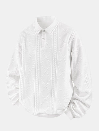 Men's Geometric Jacquard Polo Sweatshirt – Relaxed Fit Diamond Pattern - White
