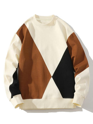 Men's Geometric Patchwork Crew Neck Sweatshirt – Relaxed Fit - Beige