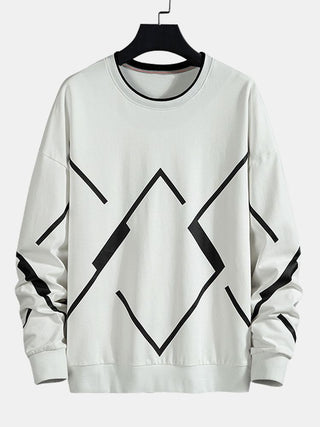 Men's Geometric Print Crew Neck Sweatshirt – Relaxed Fit - White