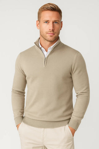 Men's Half-Zip High-Neck Sweater in beige, Adjustable Collar