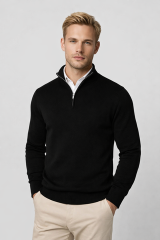 Men's Half-Zip High-Neck Sweater in black, Adjustable Collar