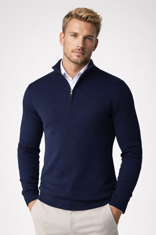 Men's Half-Zip High-Neck Sweater in blue, Adjustable Collar