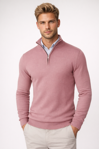 Men's Half-Zip High-Neck Sweater in pink, Adjustable Collar