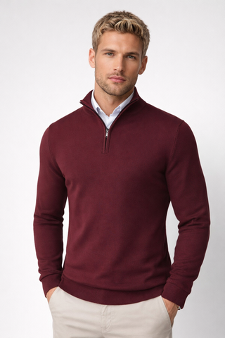 Men's Half-Zip High-Neck Sweater in red, Adjustable Collar