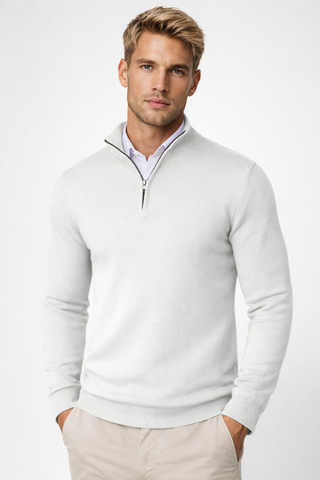 Men's Half-Zip High-Neck Sweater in white, Adjustable Collar