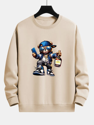 Men's Hip Hop Teddy Bear Graphic Sweatshirt – Relaxed Fit Crew Neck - Beige