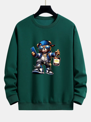 Men's Hip Hop Teddy Bear Graphic Sweatshirt – Relaxed Fit Crew Neck - Green