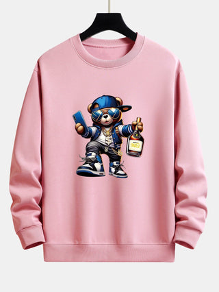 Men's Hip Hop Teddy Bear Graphic Sweatshirt – Relaxed Fit Crew Neck - Light Pink