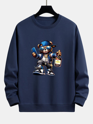 Men's Hip Hop Teddy Bear Graphic Sweatshirt – Relaxed Fit Crew Neck - Navy